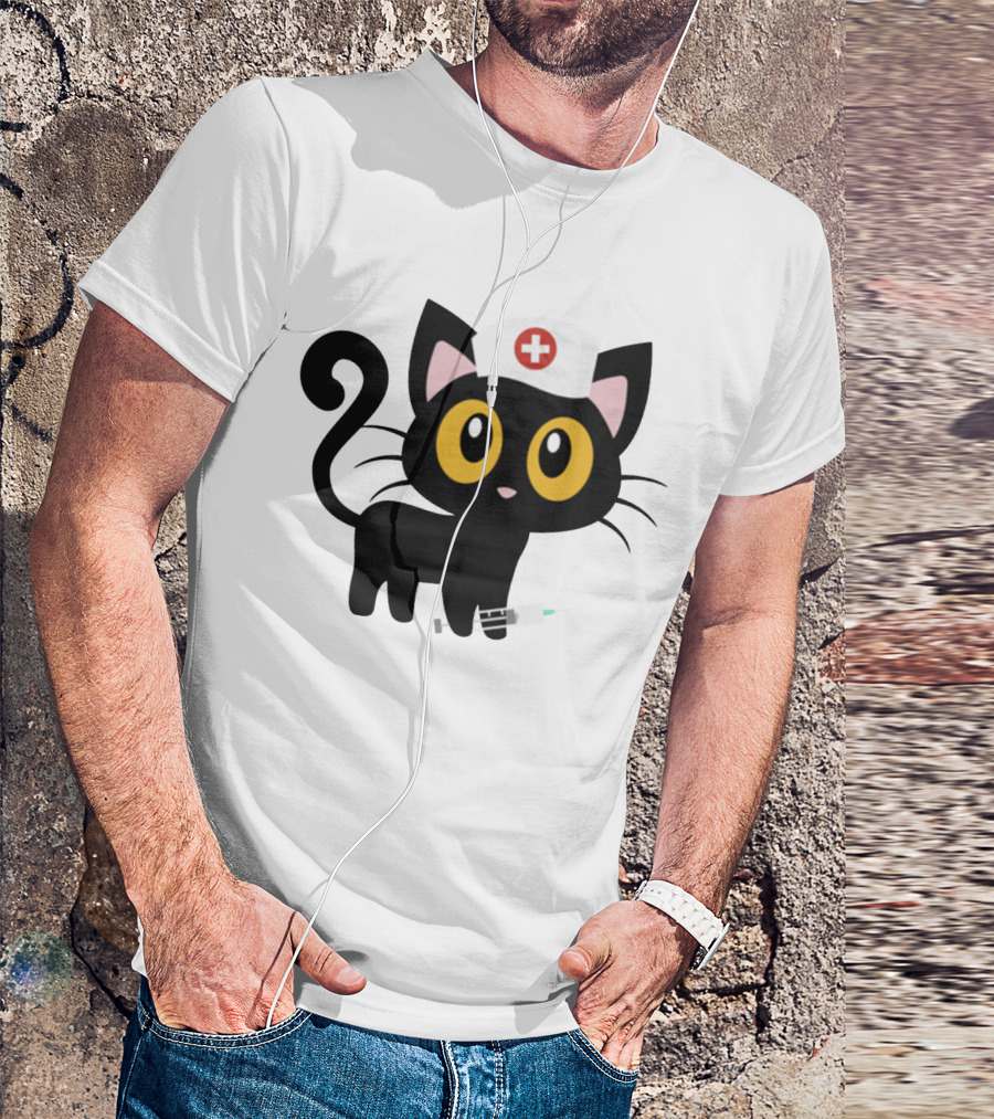 Cat Nurse Cute Black Cat With Syringe And Nurse Hat T-Shirt