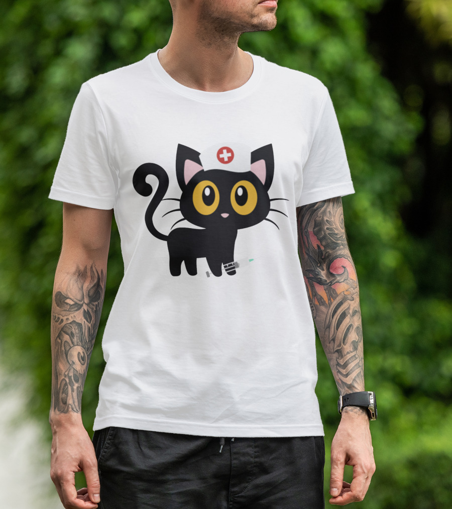 Cat Nurse Cute Black Cat With Syringe And Nurse Hat T-Shirt