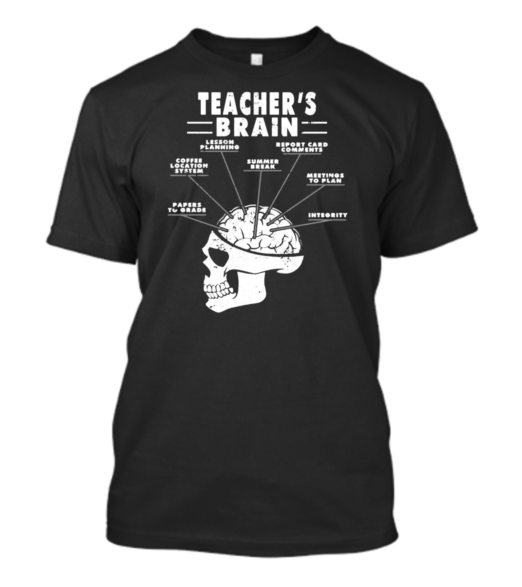 Teacher's Brain Funny Teacher Lesson Planning Report Card Comments Coffee Location System Summer Break Meetings To Plan Papers To Grade Integrity T-Shirt