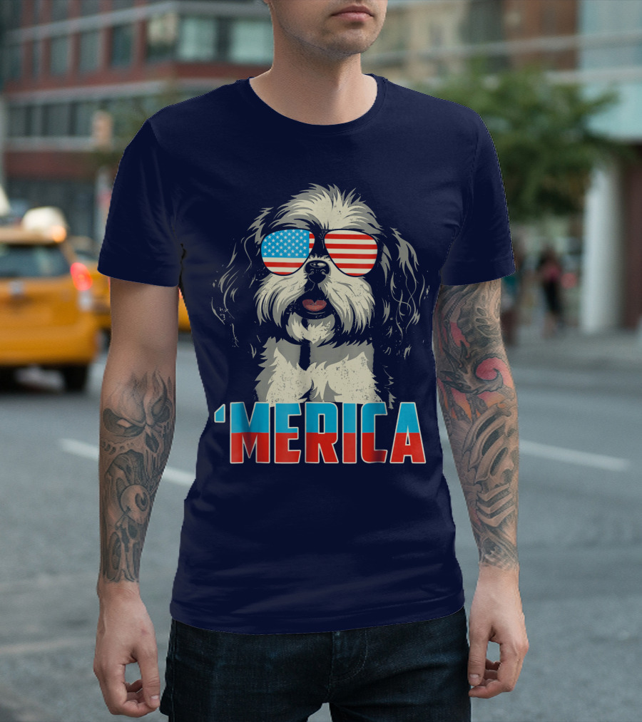 Patriotic Shih Tzu 'Merica with American Flag Sunglasses T-Shirt