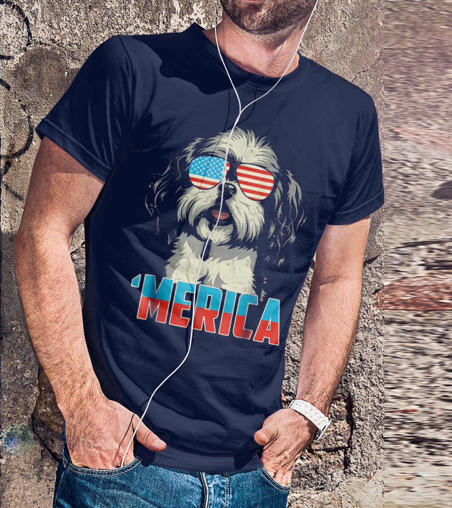 Patriotic Shih Tzu 'Merica With American Flag Sunglasses T-Shirt