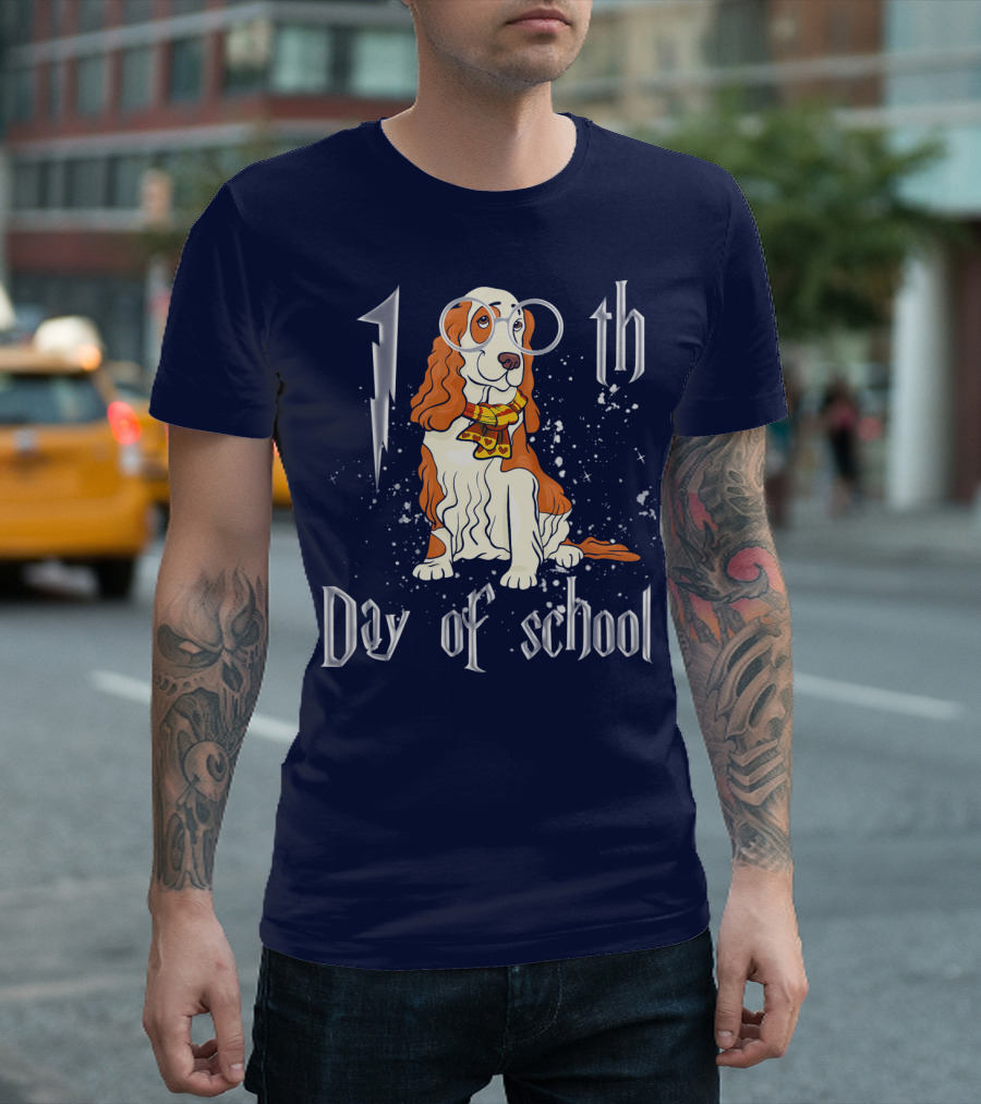 100th Day Of School Cocker Spaniel Dog With Wizard Scarf And Glasses T-Shirt
