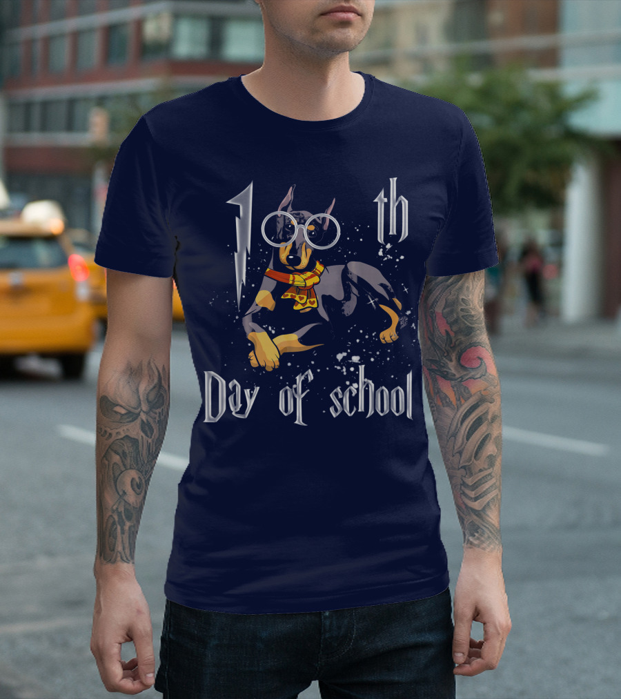 100th Day Of School Doberman Dog With Glasses And Scarf T-Shirt
