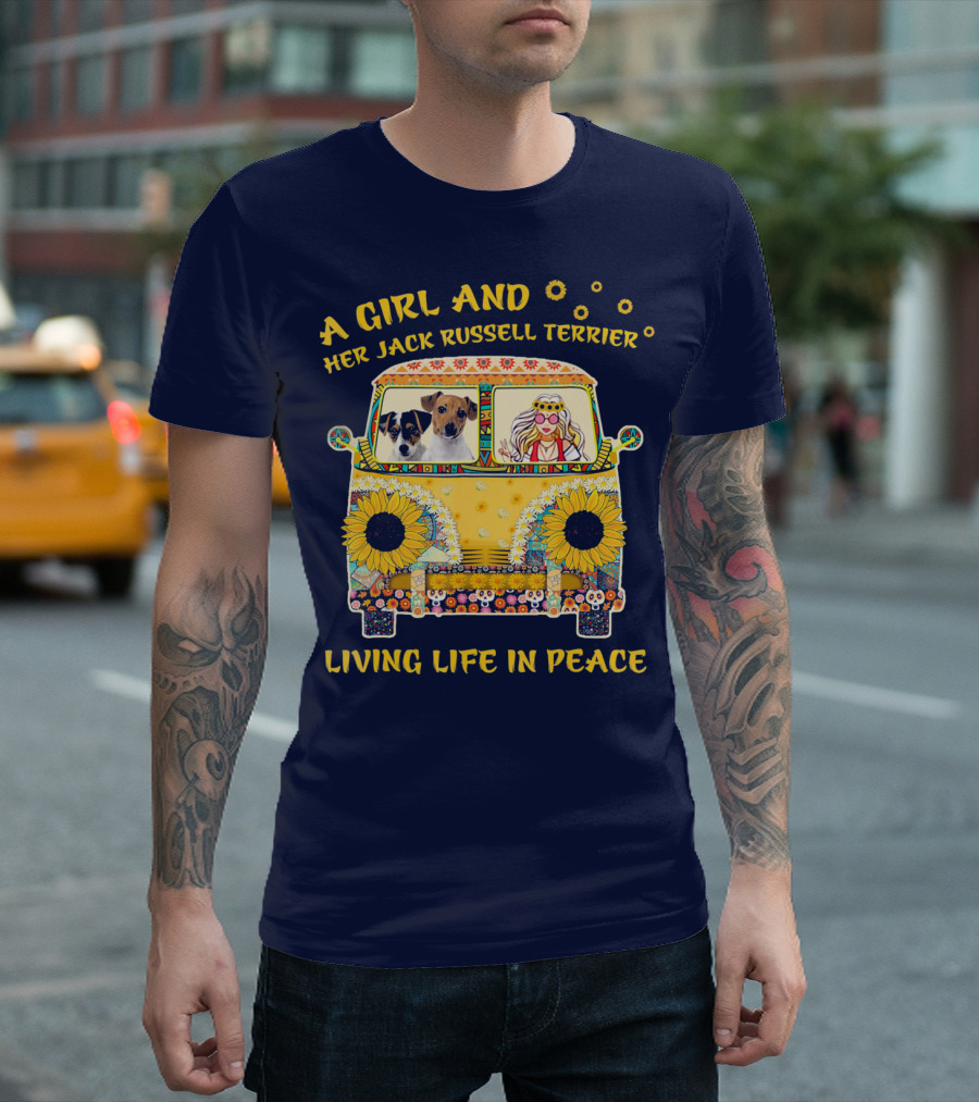 A Girl And Her Jack Russell Terrier Living Life In Peace Hippie Van With Sunflowers T-Shirt