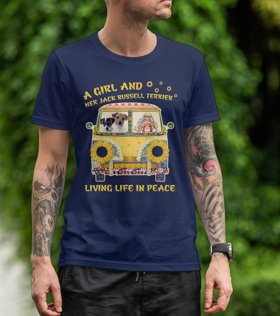 A Girl And Her Jack Russell Terrier Living Life In Peace Hippie Van With Sunflowers T-Shirt