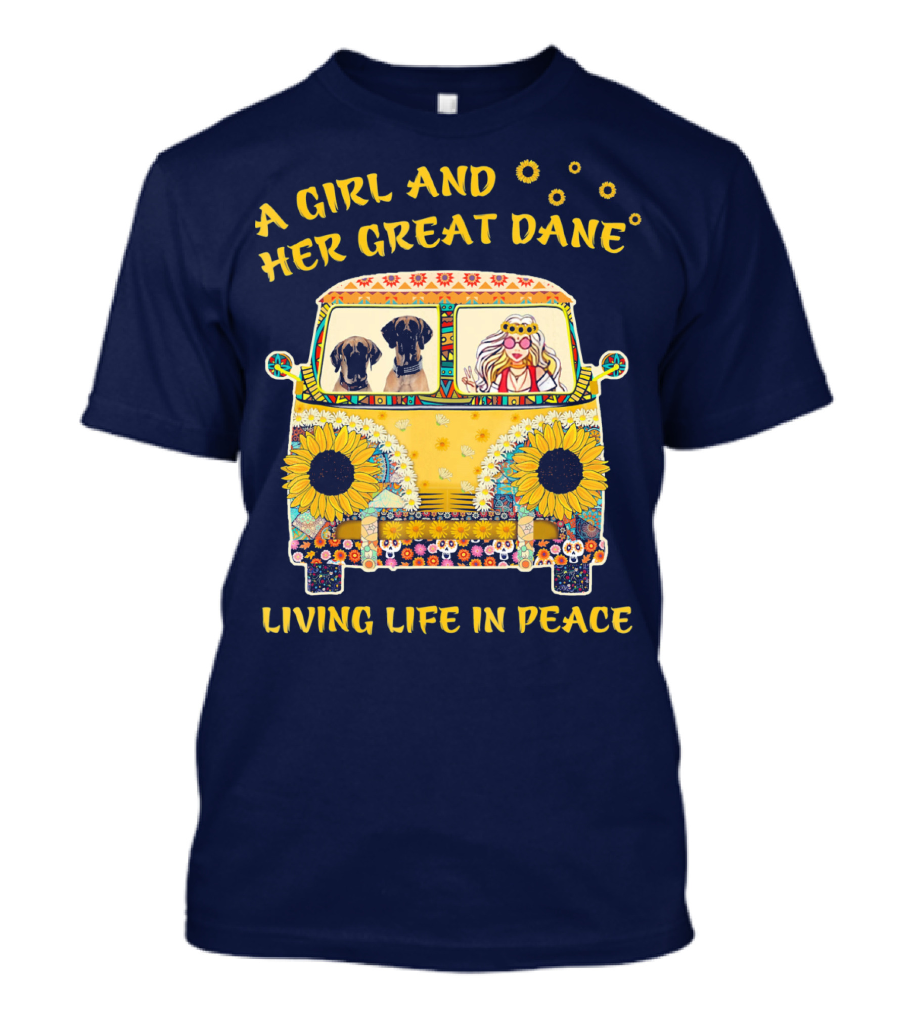 A Girl And Her Great Dane Living Life In Peace Sunflower Van T-Shirt
