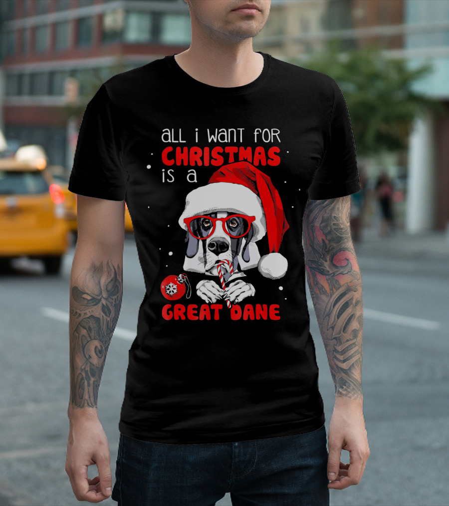 All I Want For Christmas Is A Great Dane Santa Hat Red Glasses Candy Cane T-Shirt