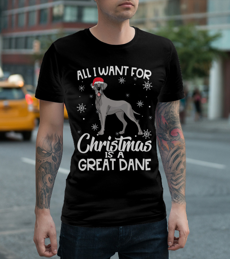 All I Want For Christmas Is A Great Dane With Santa Hat And Snowflakes T-Shirt