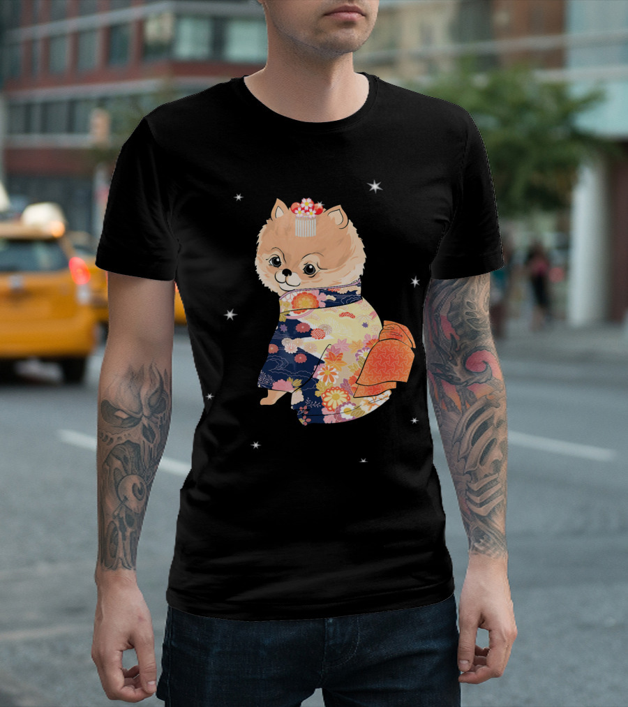 Pomeranian Dog in Floral Kimono with Stars T-Shirt