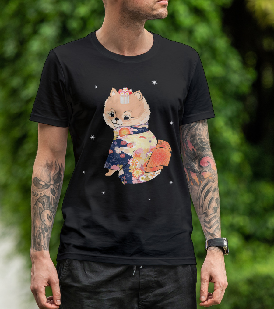 Pomeranian Dog In Floral Kimono With Stars T-Shirt