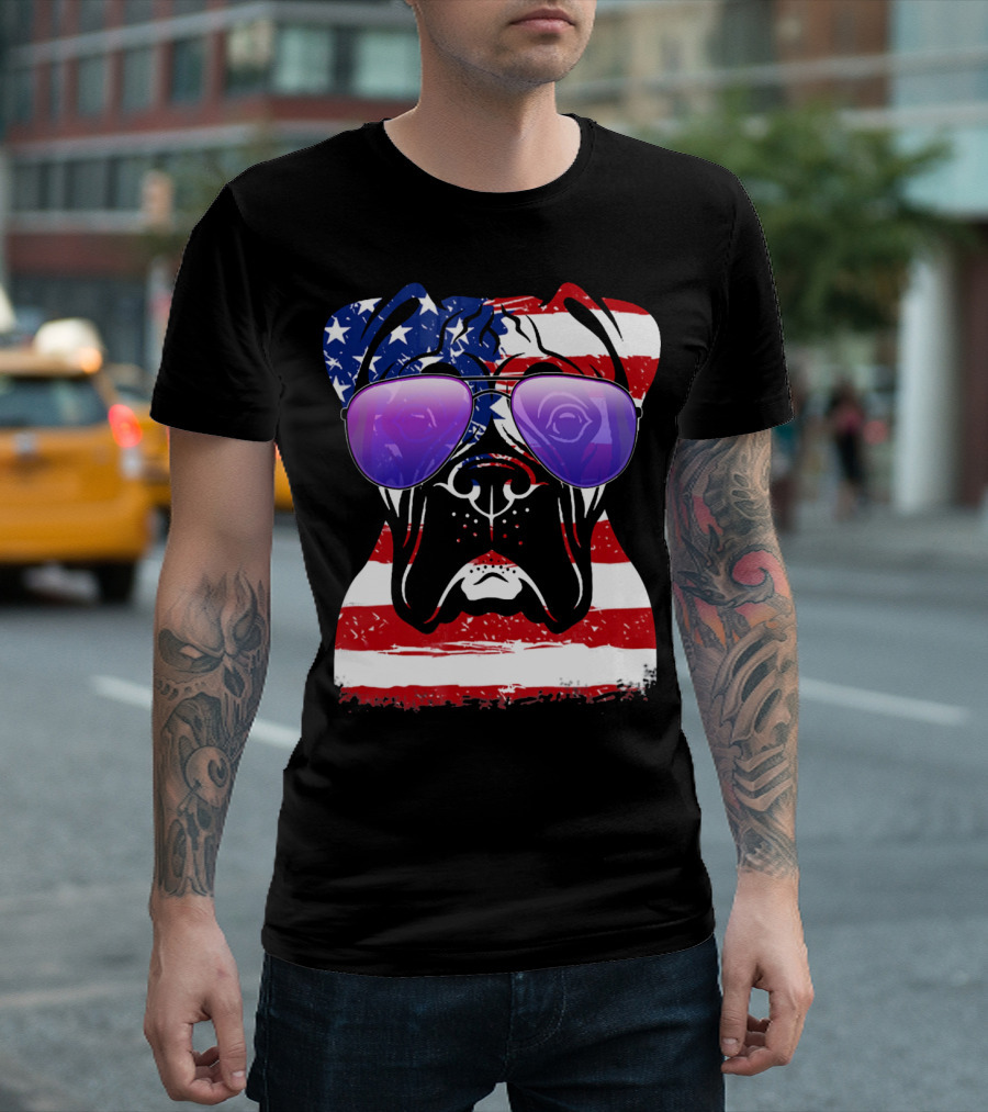 Boxer Dog with American Flag Sunglasses Patriotic T-Shirt