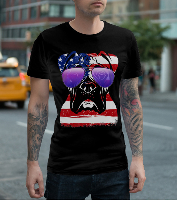 Boxer Dog With American Flag Sunglasses Patriotic T-Shirt