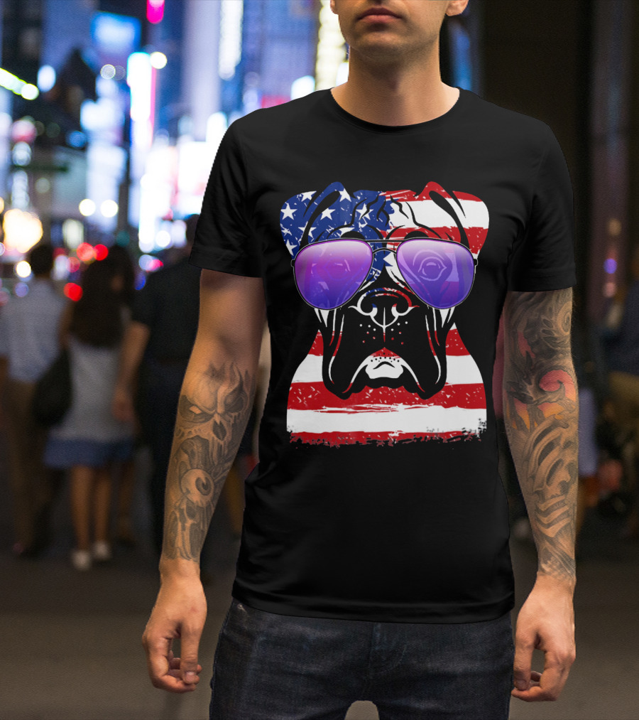 Boxer Dog With American Flag Sunglasses Patriotic T-Shirt