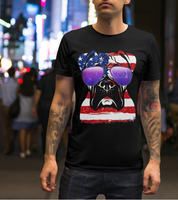 Boxer Dog With American Flag Sunglasses Patriotic T-Shirt