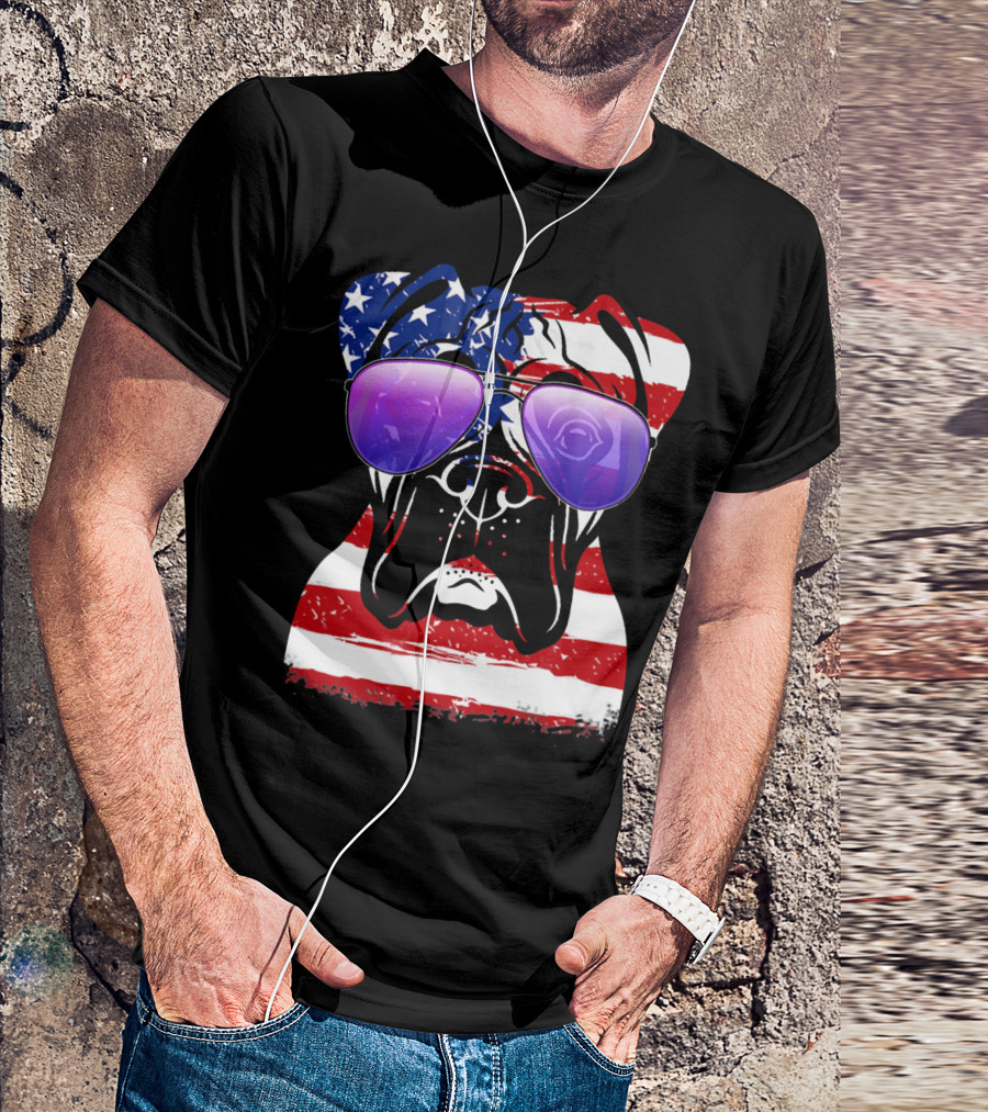 Boxer Dog With American Flag Sunglasses Patriotic T-Shirt