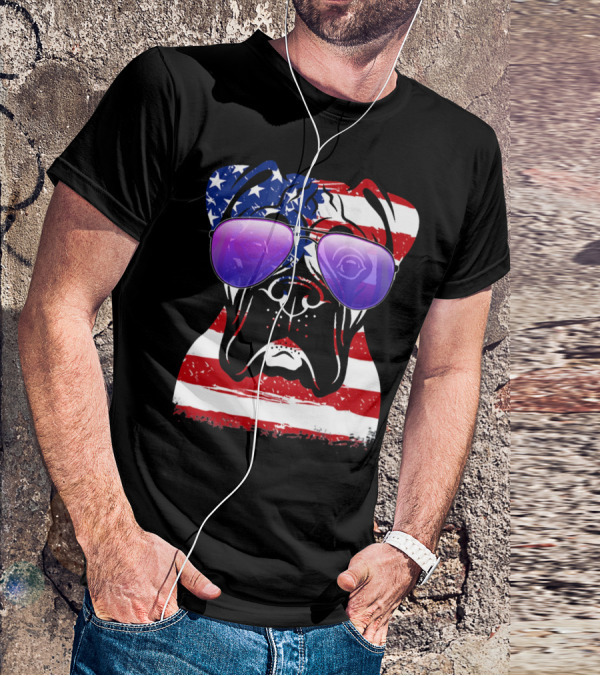 Boxer Dog With American Flag Sunglasses Patriotic T-Shirt