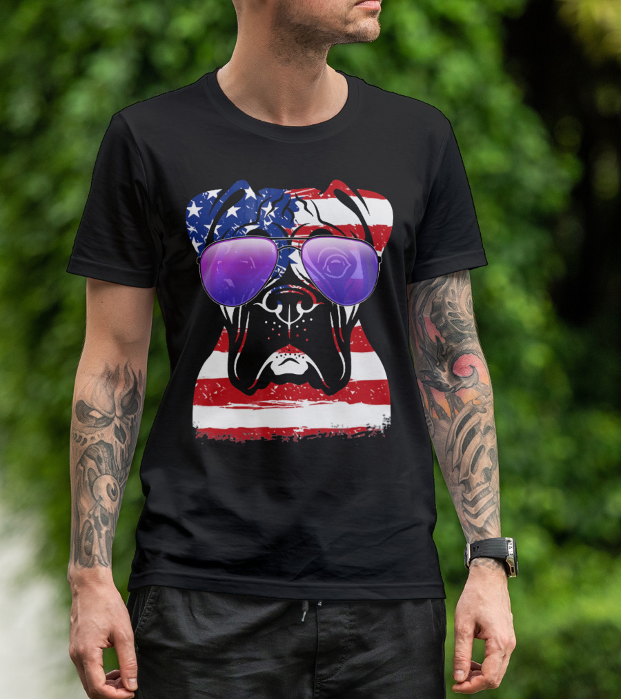 Boxer Dog With American Flag Sunglasses Patriotic T-Shirt