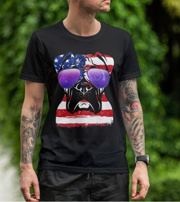 Boxer Dog With American Flag Sunglasses Patriotic T-Shirt