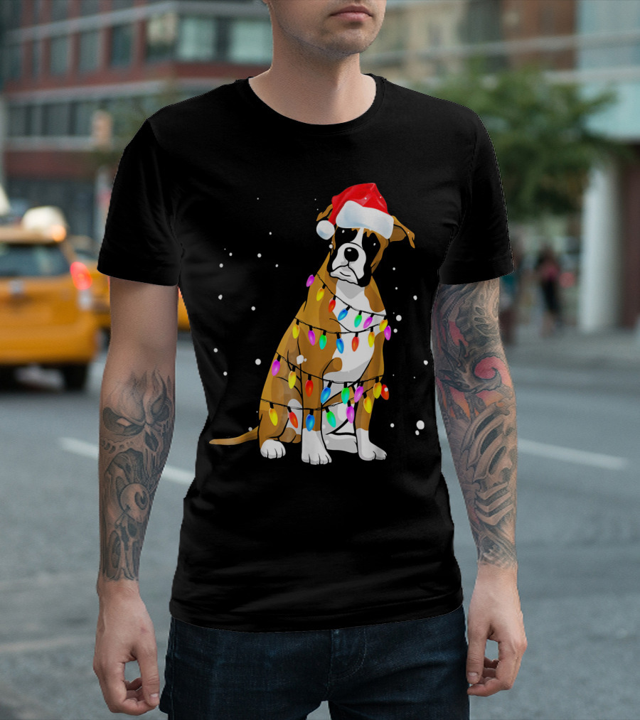 Boxer Dog Wrapped in Christmas Lights with Santa Hat T-Shirt