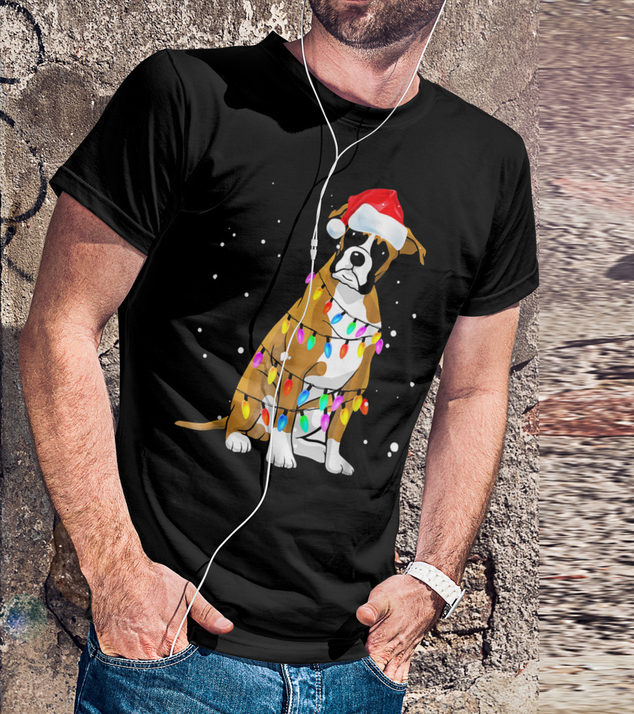 Boxer Dog Wrapped In Christmas Lights With Santa Hat T-Shirt