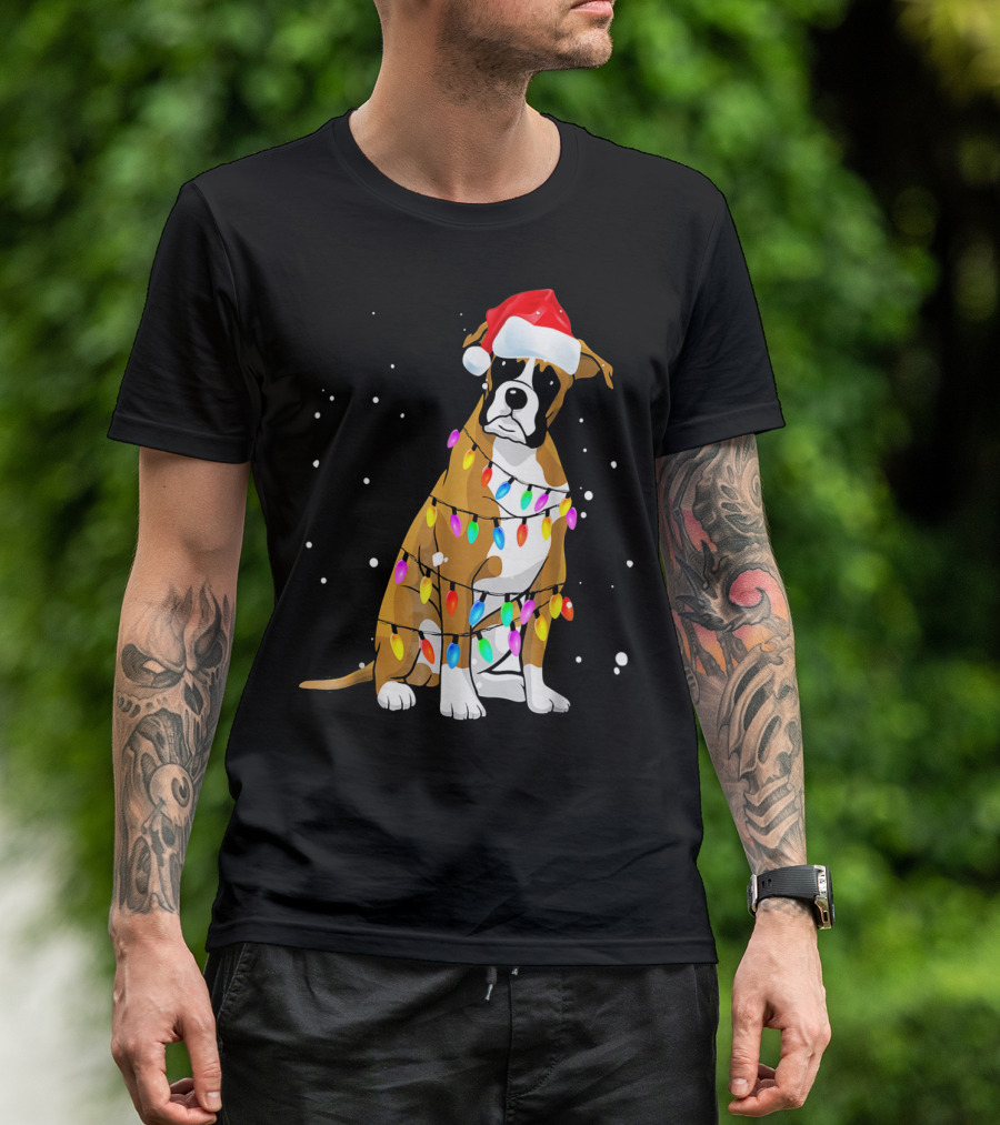 Boxer Dog Wrapped In Christmas Lights With Santa Hat T-Shirt