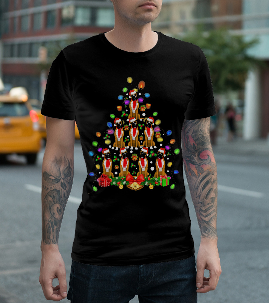 Boxer Dogs in Christmas Tree with Lights and Santa Hats T-Shirt