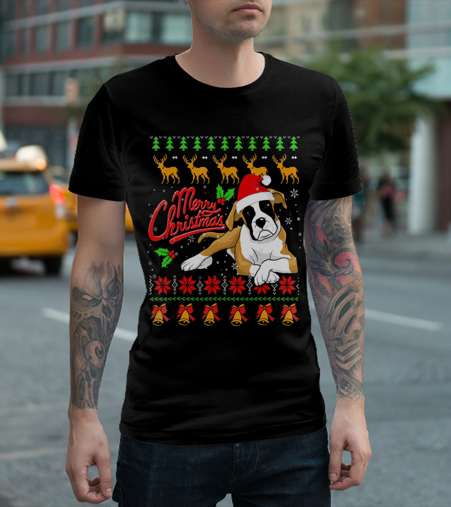 Merry Christmas Boxer Dog Santa Hat Reindeer Snowflakes T-Shirt