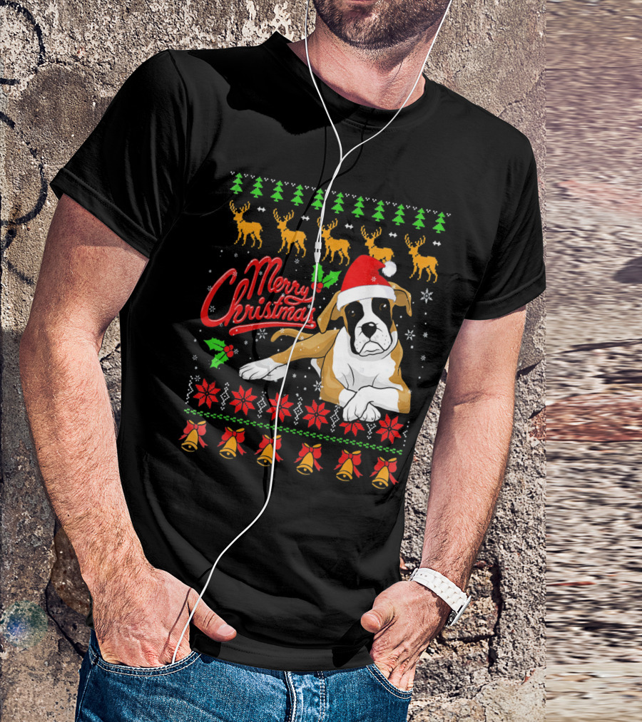 Merry Christmas Boxer Dog Santa Hat Reindeer Snowflakes T-Shirt