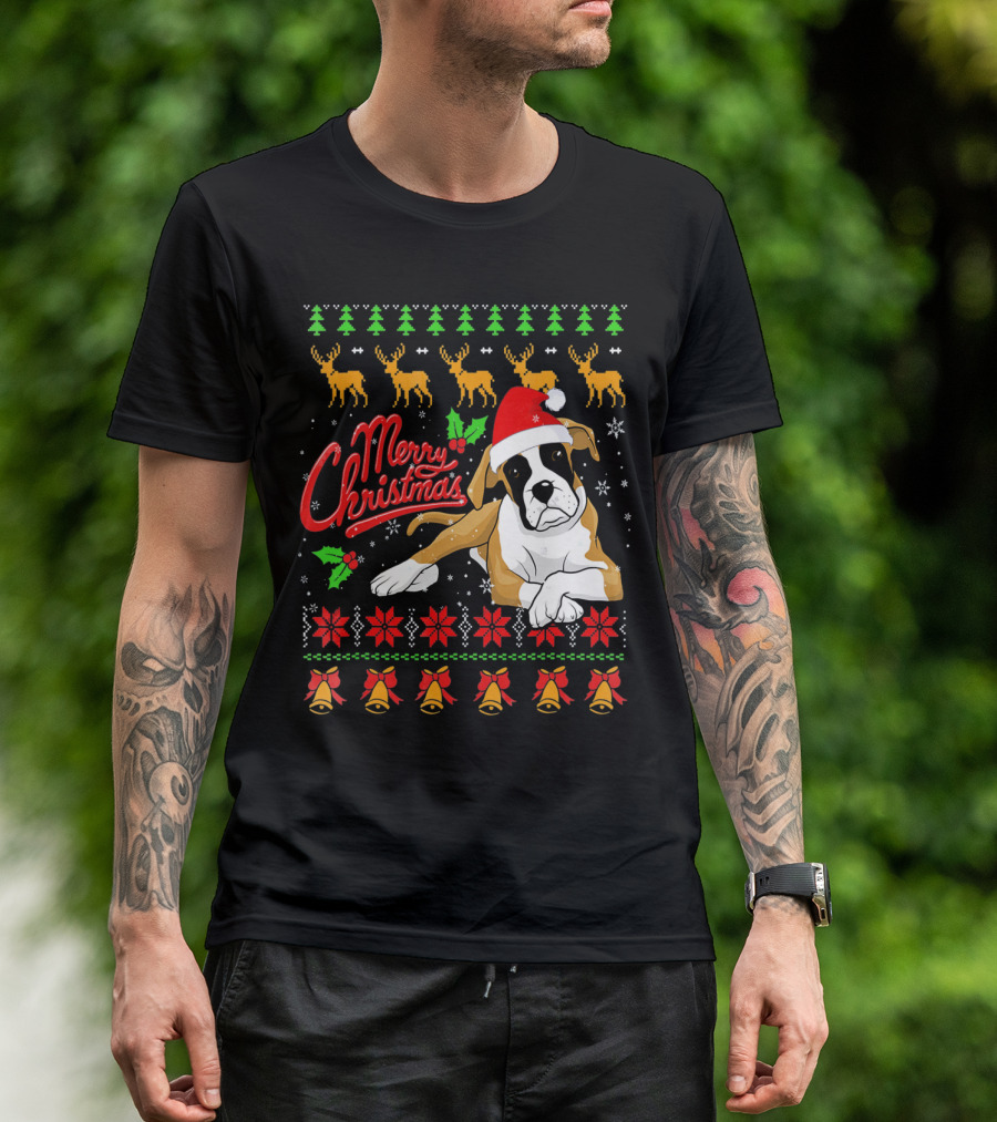 Merry Christmas Boxer Dog Santa Hat Reindeer Snowflakes T-Shirt