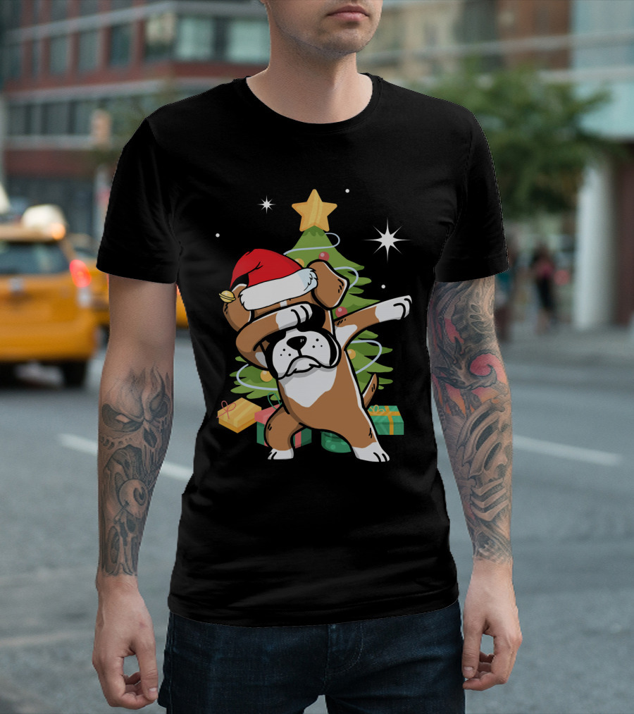 Christmas Boxer Dog Dabbing In Front Of Tree With Gifts T-Shirt