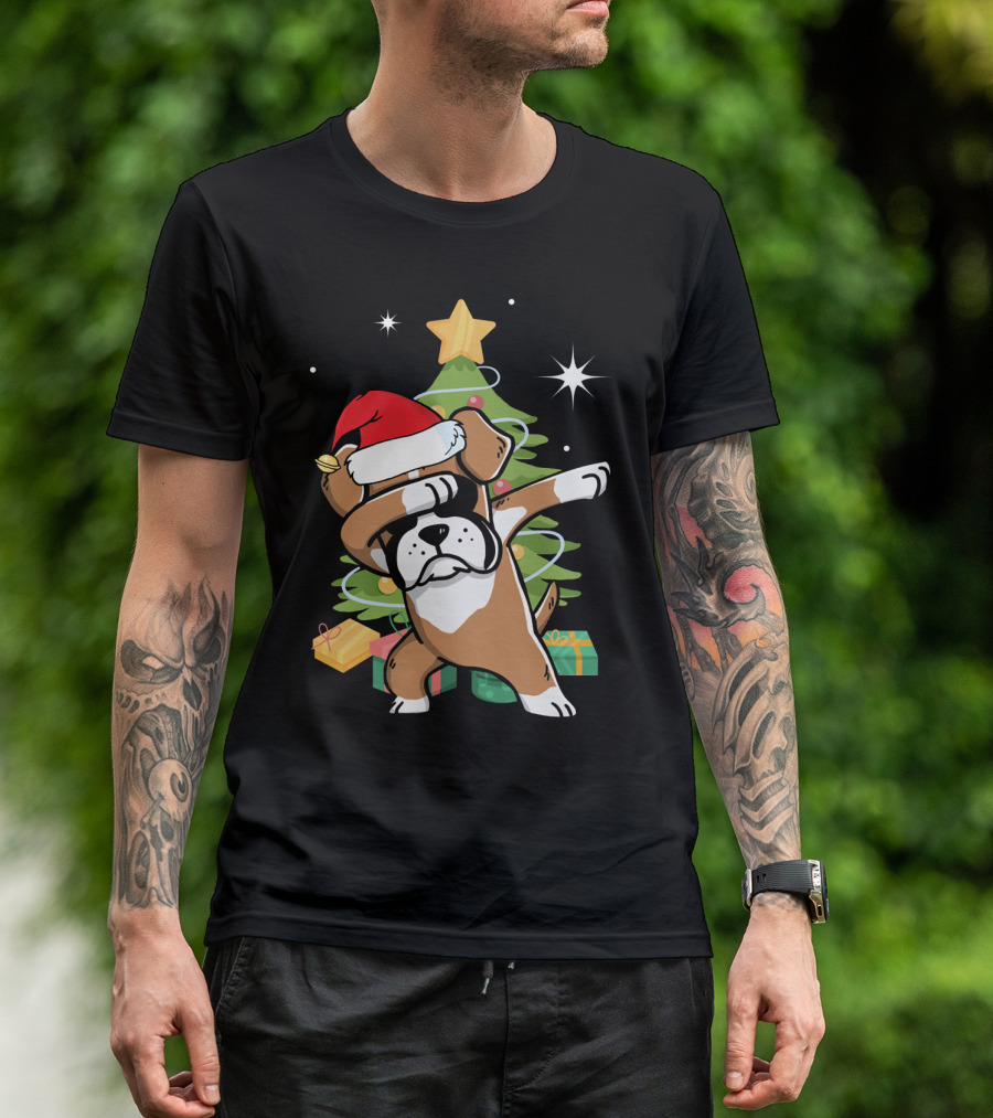 Christmas Boxer Dog Dabbing In Front Of Tree With Gifts T-Shirt