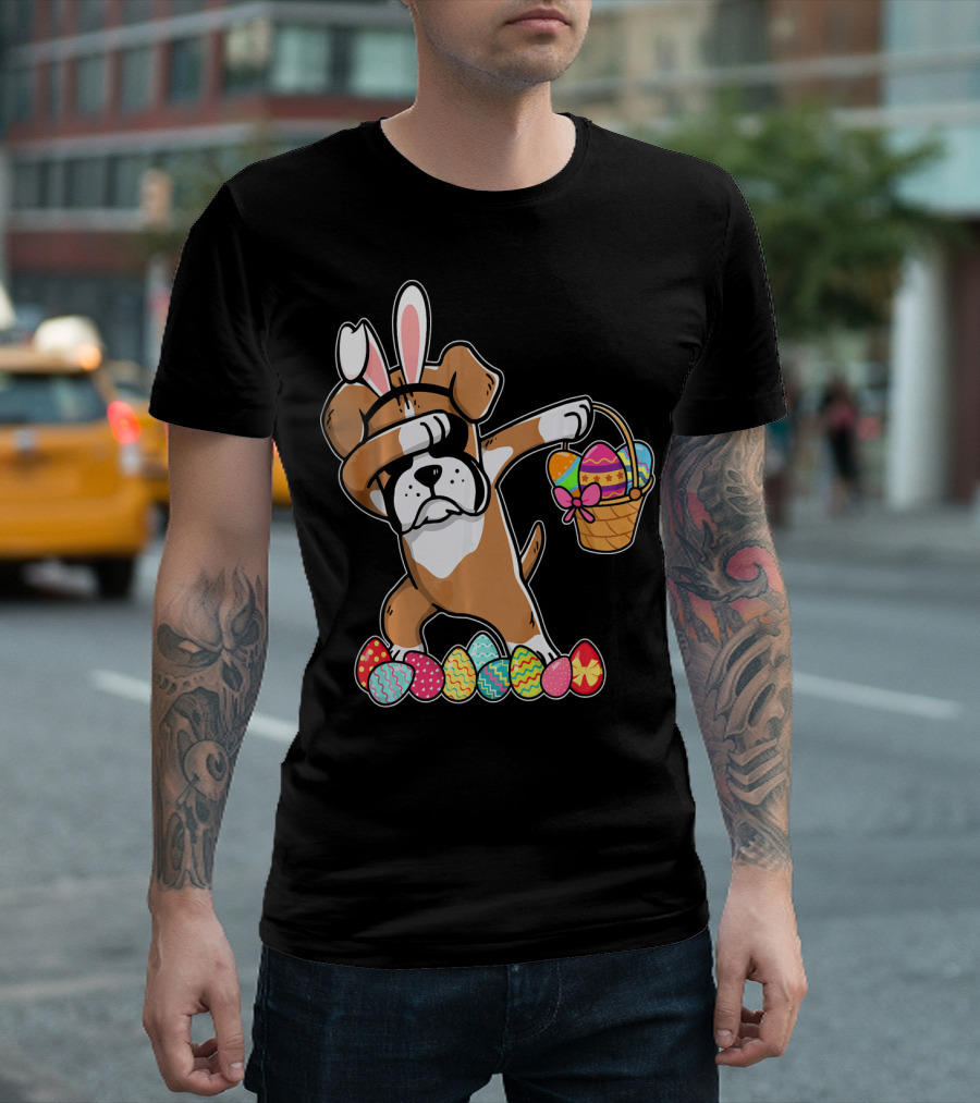Boxer Dabbing as Easter Bunny with Basket and Eggs T-Shirt