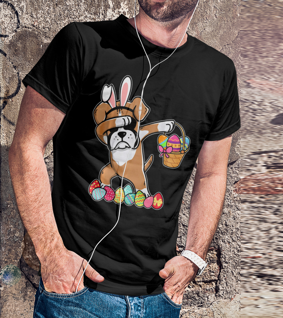 Boxer Dabbing As Easter Bunny With Basket And Eggs T-Shirt