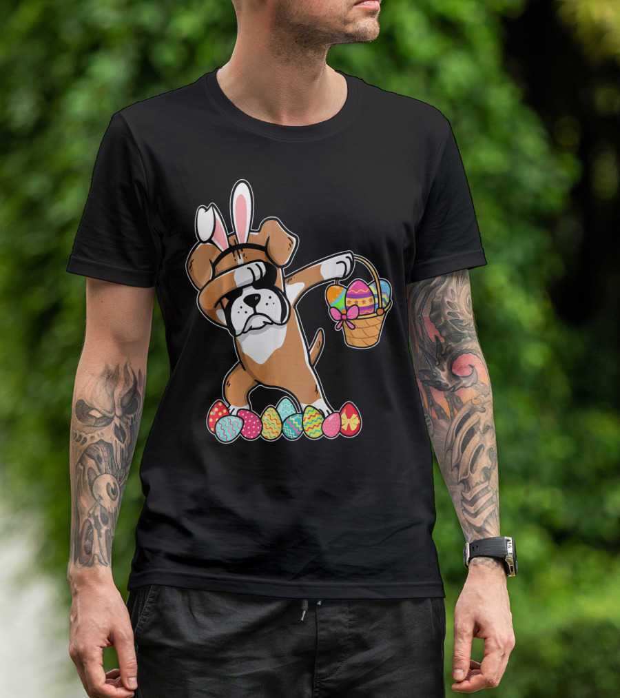 Boxer Dabbing As Easter Bunny With Basket And Eggs T-Shirt