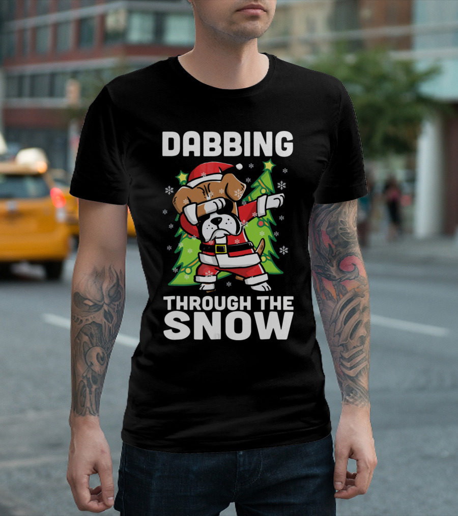 Dabbing Through The Snow Boxer Dog Santa Christmas Snowflakes Pine Trees T-Shirt