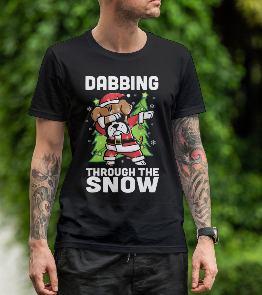 Dabbing Through The Snow Boxer Dog Santa Christmas Snowflakes Pine Trees T-Shirt