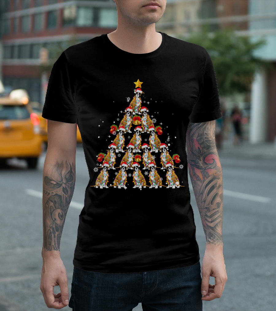 Boxer Dog Christmas Tree With Santa Hats And Lights T-Shirt