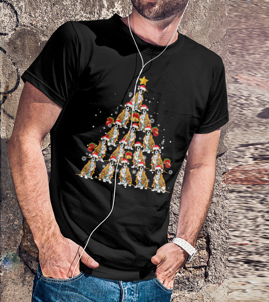 Boxer Dog Christmas Tree With Santa Hats And Lights T-Shirt