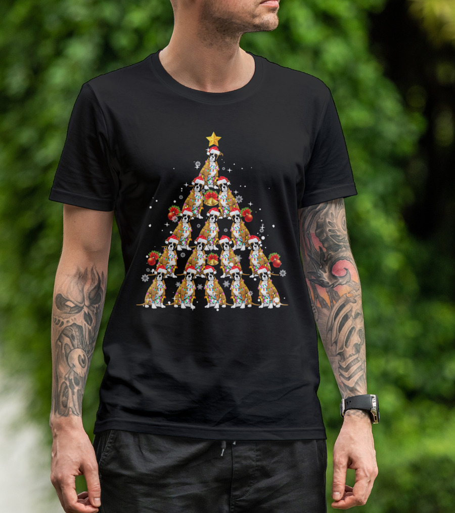 Boxer Dog Christmas Tree With Santa Hats And Lights T-Shirt