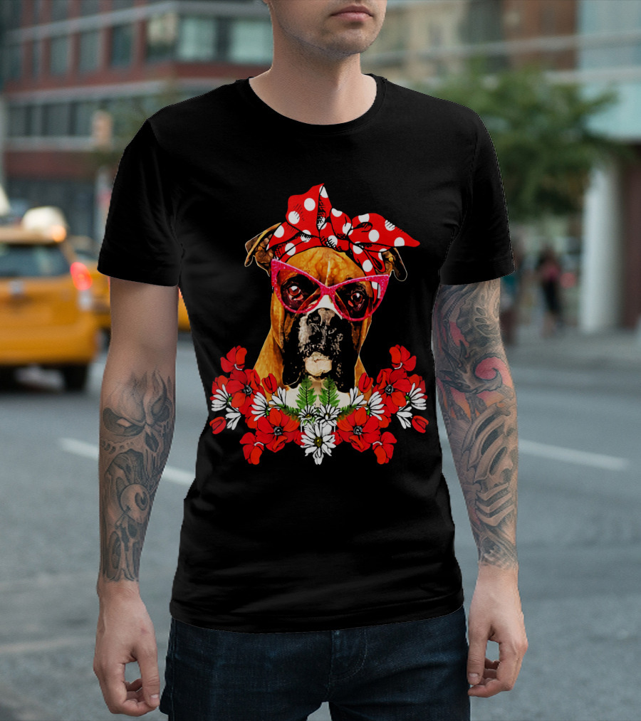 Boxer Dog Moms Red Polka Dot Bow Mixed Flower Arrangement T-Shirt