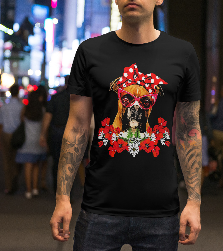 Boxer Dog Moms Red Polka Dot Bow Mixed Flower Arrangement T-Shirt