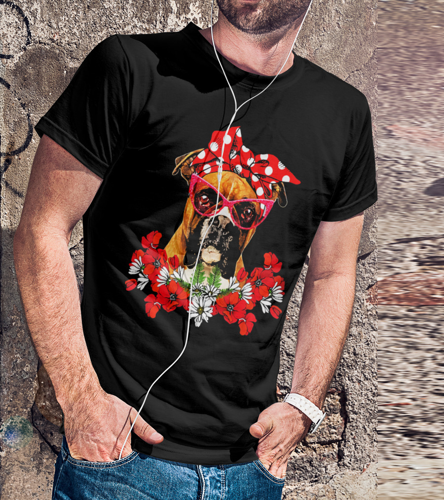 Boxer Dog Moms Red Polka Dot Bow Mixed Flower Arrangement T-Shirt