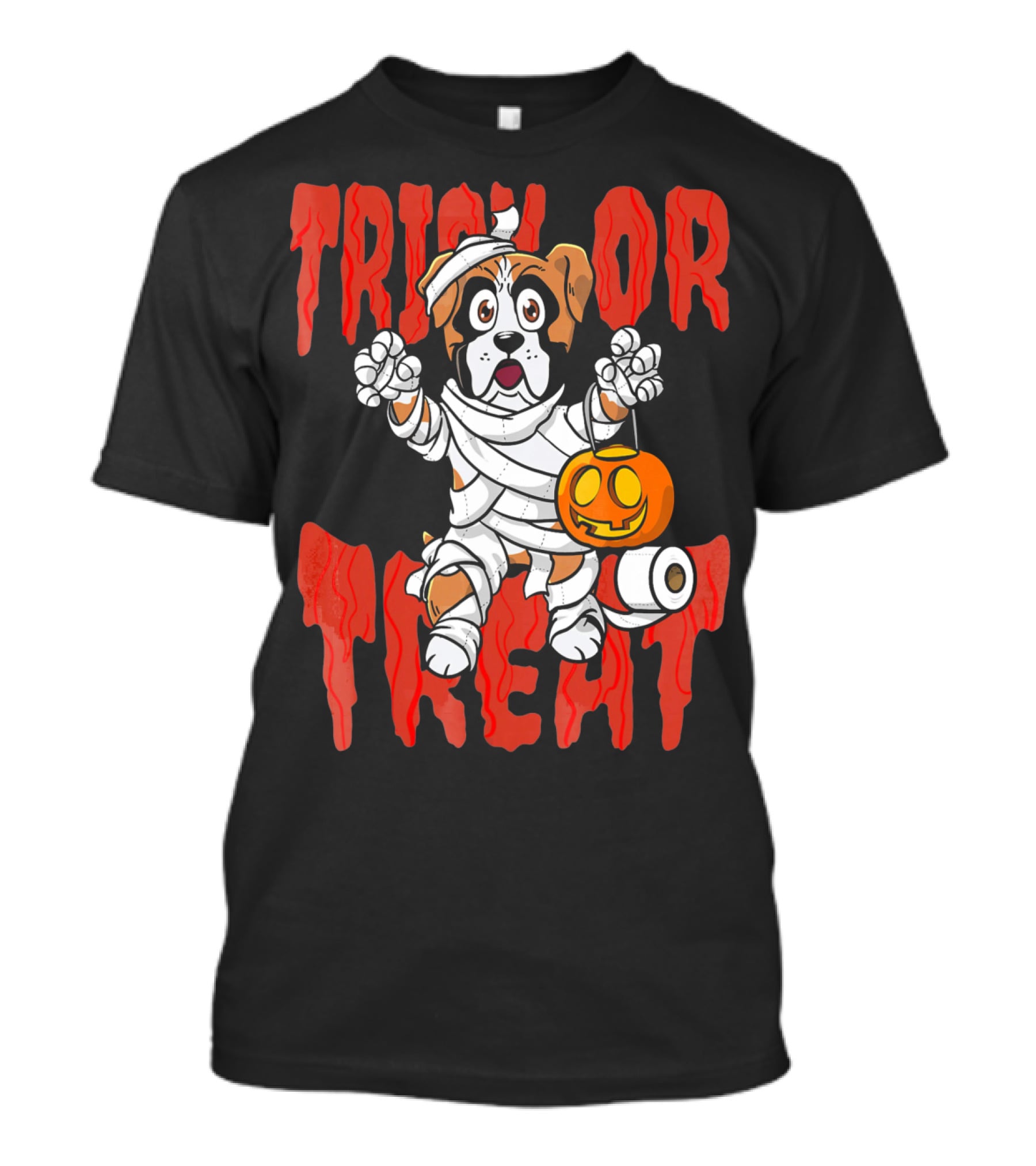 Trick Or Treat Boxer Dog Mummy With Pumpkin And Toilet Paper Rolls T-Shirt