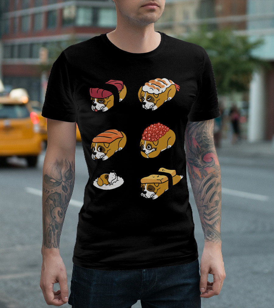 Boxer Dog Nigiri Sushi Funny Dog Boxer Sushi Roll Humor Nigiri Boxer Pups Sushi Styled Boxer Dogs T-Shirt