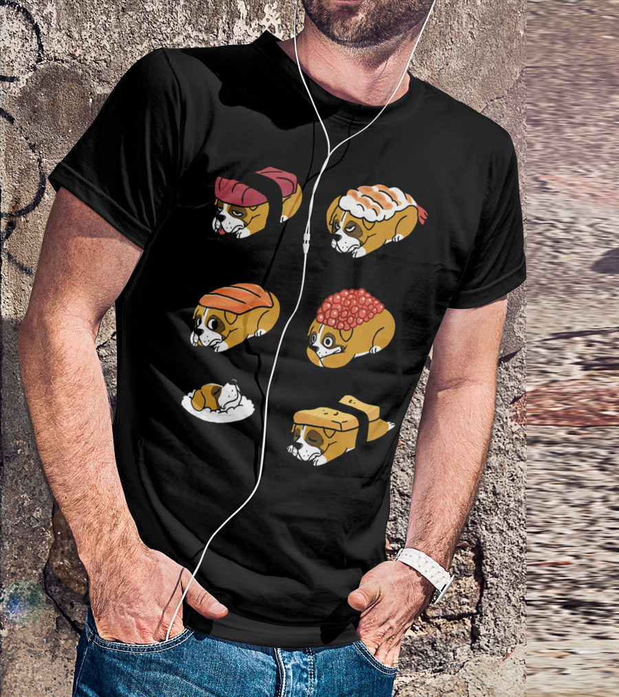 Boxer Dog Nigiri Sushi Funny Dog Boxer Sushi Roll Humor Nigiri Boxer Pups Sushi Styled Boxer Dogs T-Shirt