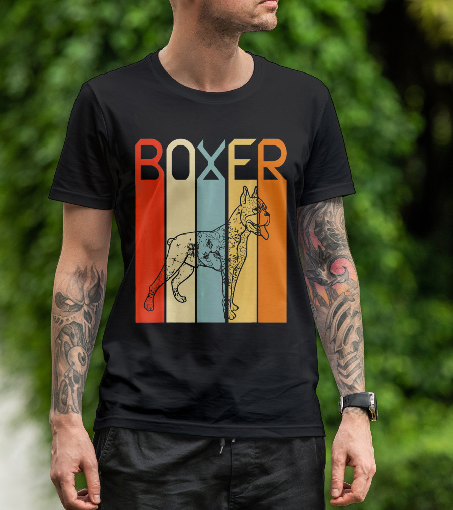 Boxer Dog Retro Stripes Outline T-Shirt