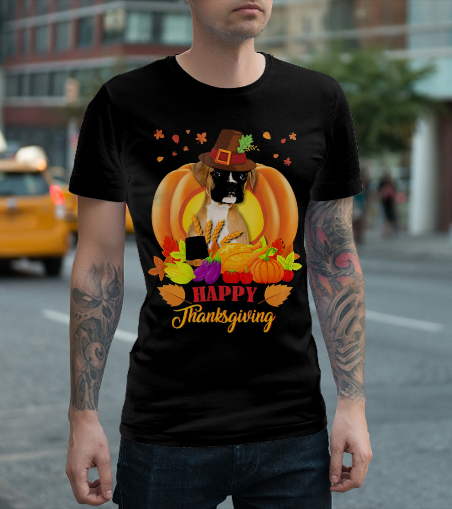 Boxer Dog in Pilgrim Hat Happy Thanksgiving Pumpkin Harvest T-Shirt