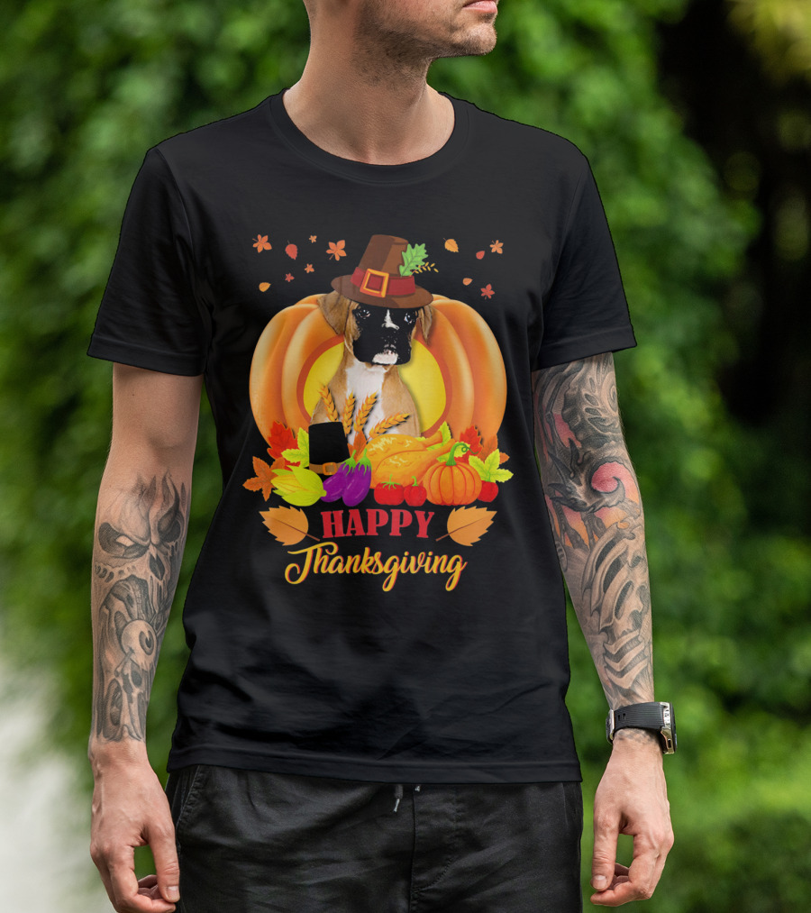 Boxer Dog In Pilgrim Hat Happy Thanksgiving Pumpkin Harvest T-Shirt