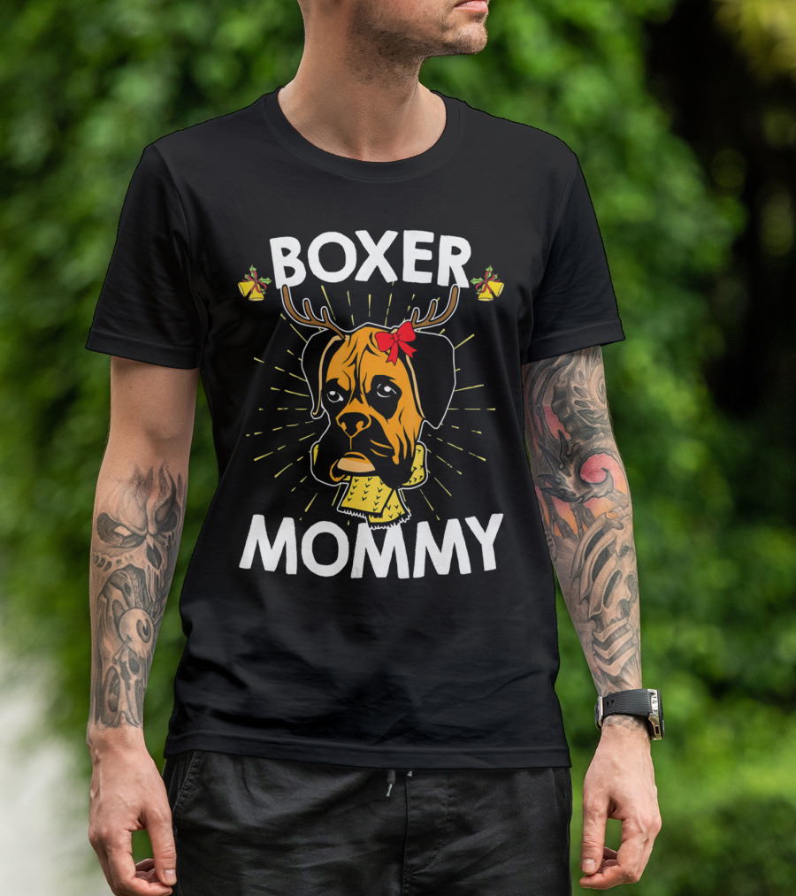 Boxer Mommy Reindeer Antlers Christmas Lights Bow Scarf Dog T-Shirt
