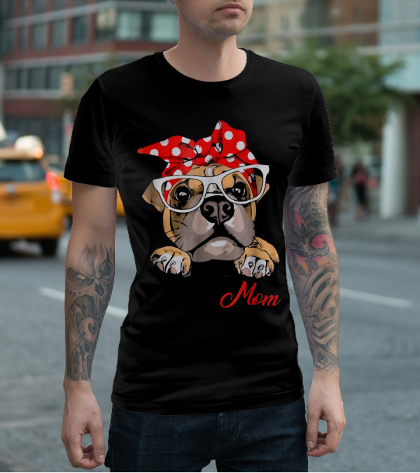 Boxer Mom Dog With Polka Dot Headband And Glasses T-Shirt